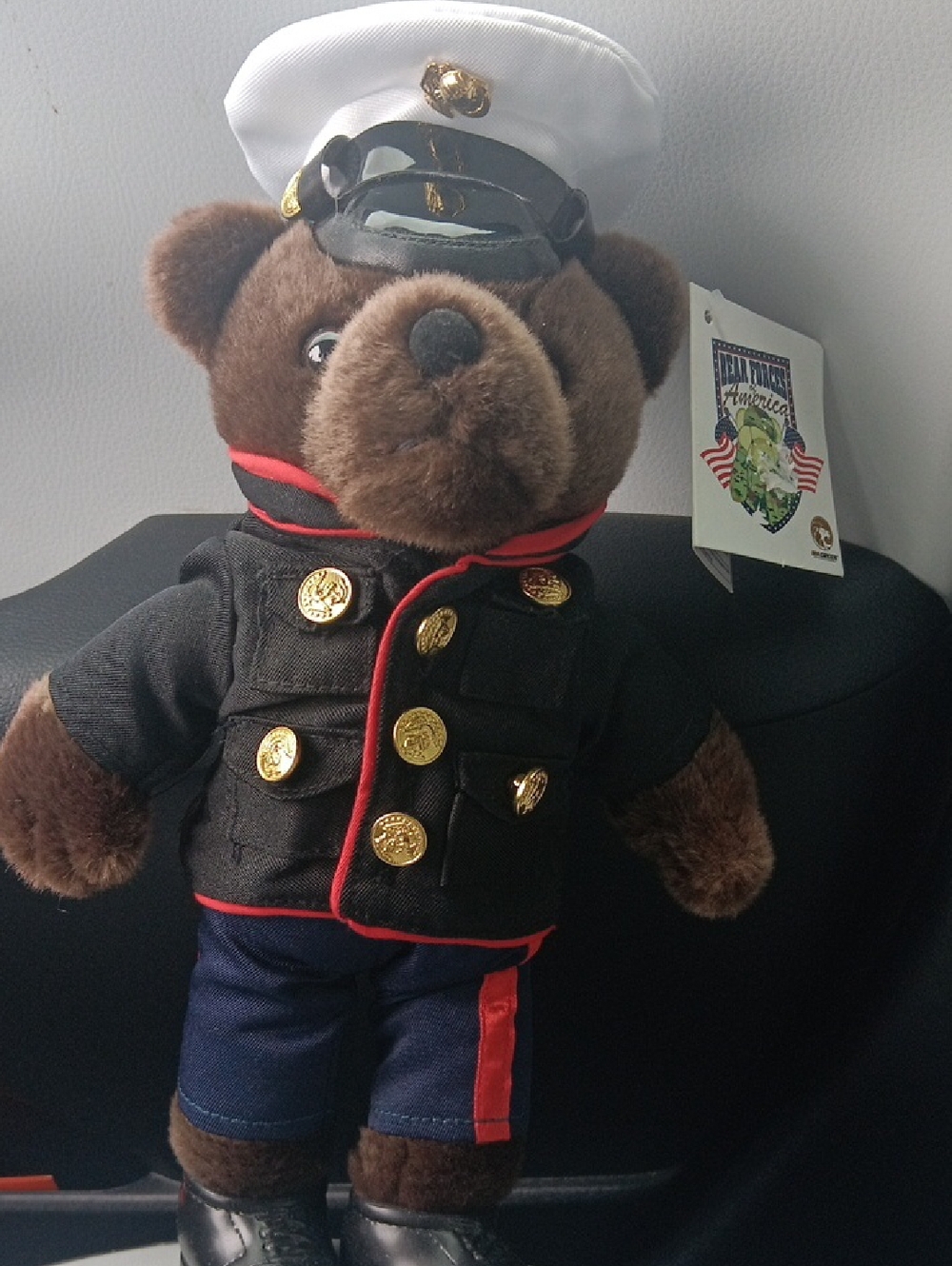 Marine Plush Brown Bear in Black Dress Uniform with White Cap - Military Style